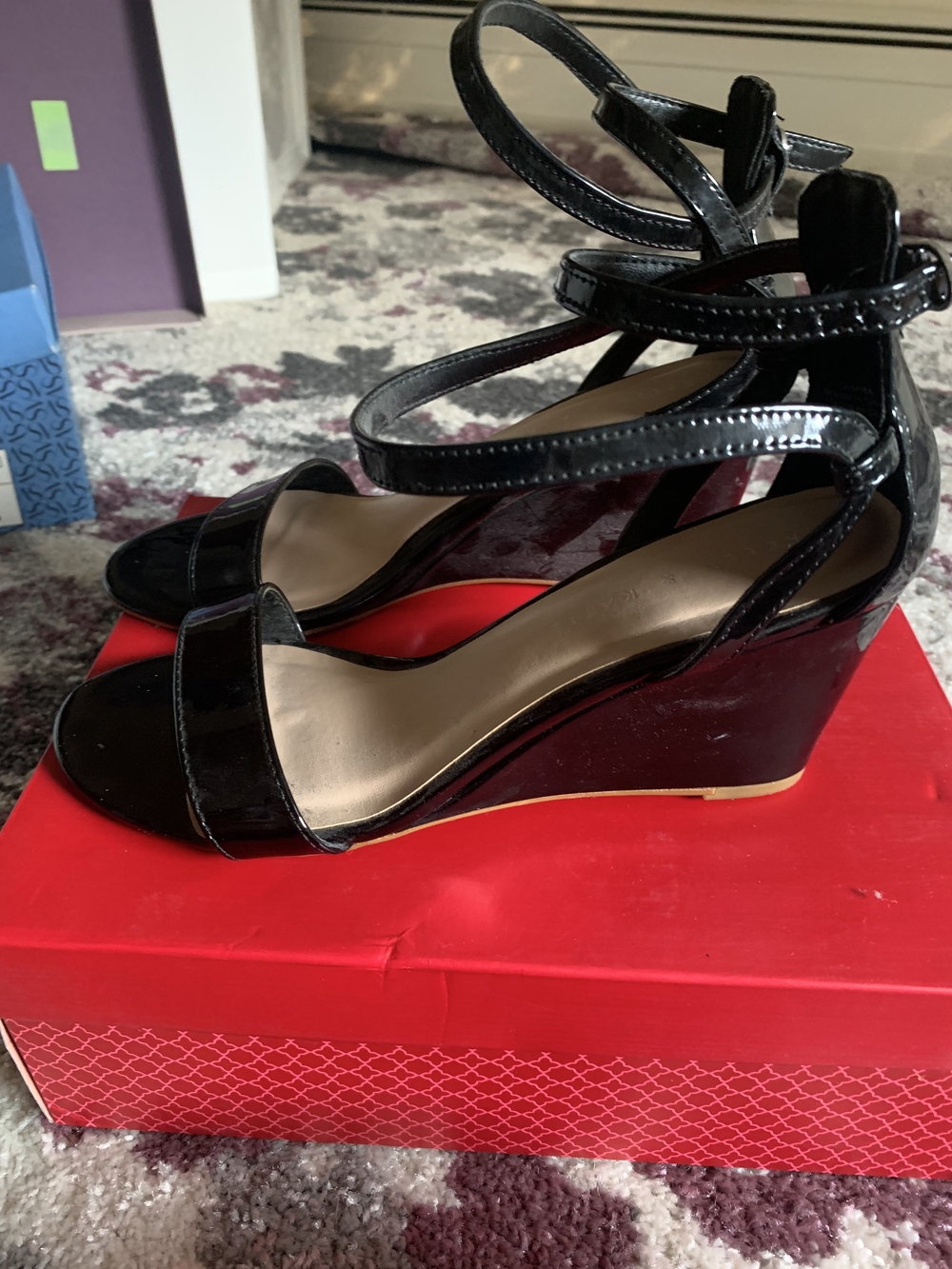 Kelly & Katie Black Patent Strappy Wedge Sandals